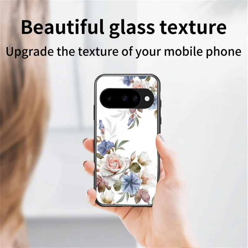 For Google Pixel 10 Case Floral Pattern TPU + Tempered Glass Protective Phone Cover - White Flower Bush