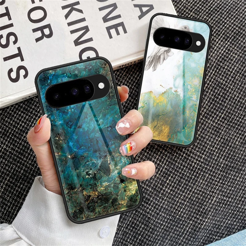 For Google Pixel 10 Case Marble Pattern Tempered Glass + PC + TPU Protective Phone Cover - White Marble