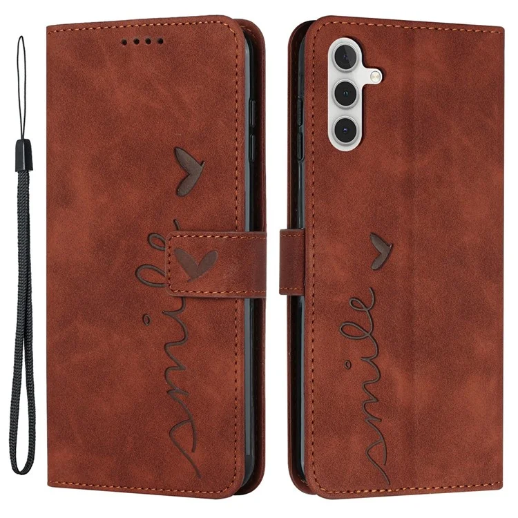 Skin-touch PU Leather Cell Phone Cover For Samsung Galaxy A14 5G / 4G , Heart Shape Imprint Phone Case Flip Stand Wallet - Brown
