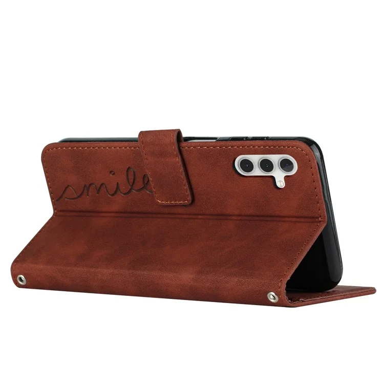 Skin-touch PU Leather Cell Phone Cover For Samsung Galaxy A14 5G / 4G , Heart Shape Imprint Phone Case Flip Stand Wallet - Brown