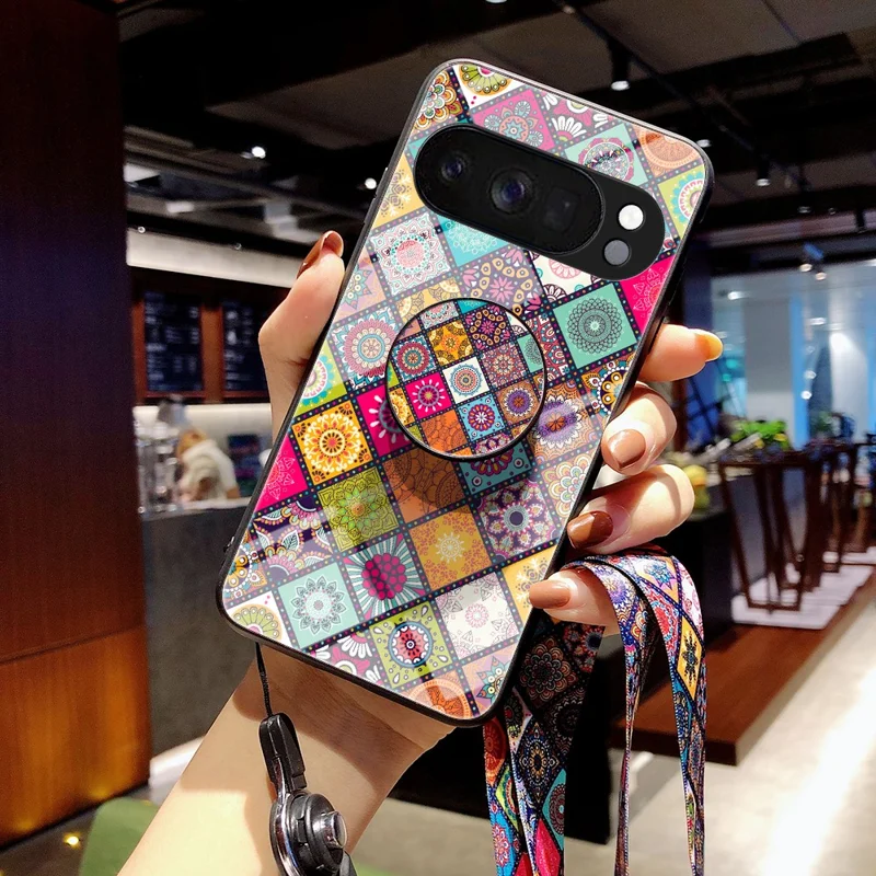 For Google Pixel 10 Pro Case Kickstand Ethnic Pattern Tempered Glass Phone Cover with Strap - Color Pattern