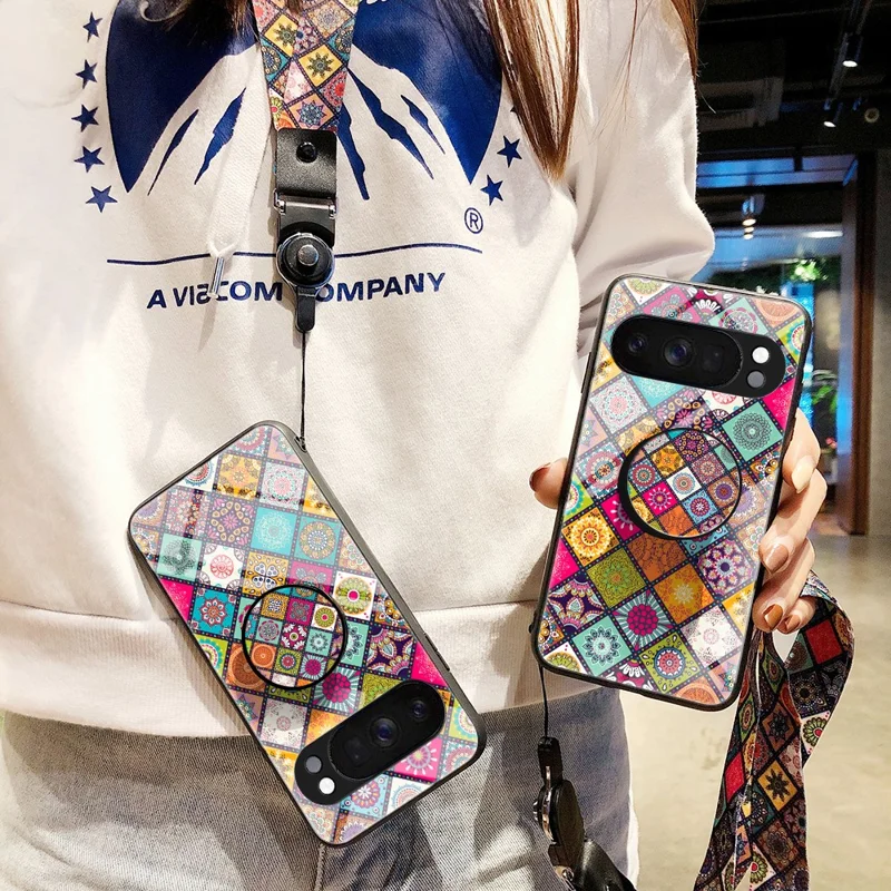 For Google Pixel 10 Pro Case Kickstand Ethnic Pattern Tempered Glass Phone Cover with Strap - Color Pattern