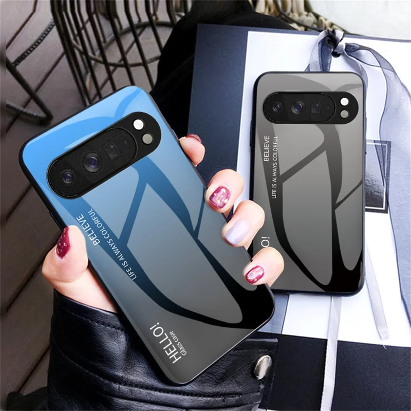 For Google Pixel 10 Pro XL Case Anti-Scratch Tempered Glass + PC + TPU Phone Cover - Gradient Pink Blue
