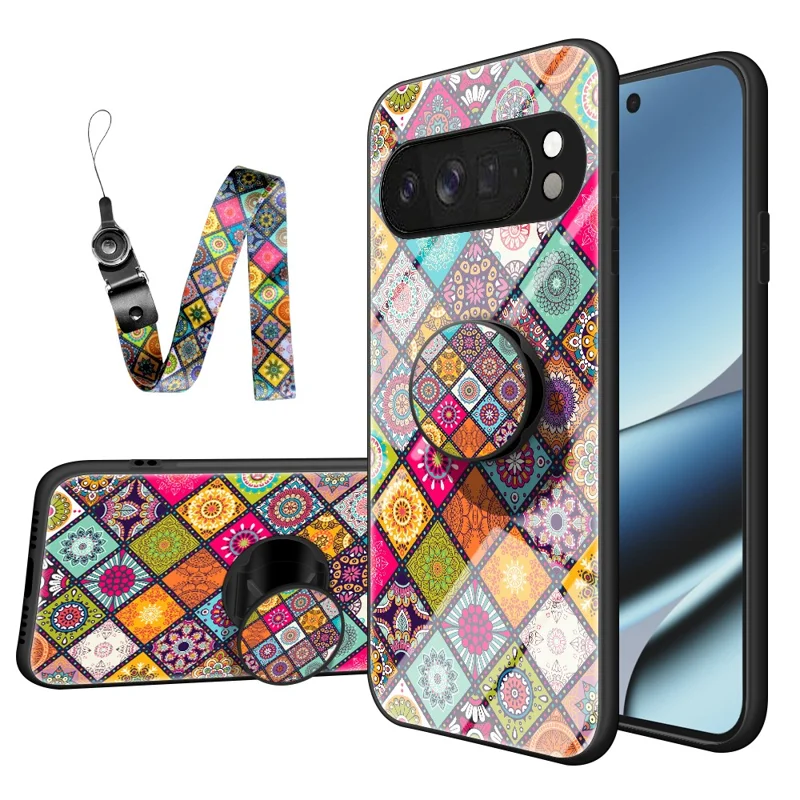 For Google Pixel 10 Pro XL Case Kickstand Ethnic Pattern Tempered Glass Phone Cover with Strap - Color Pattern