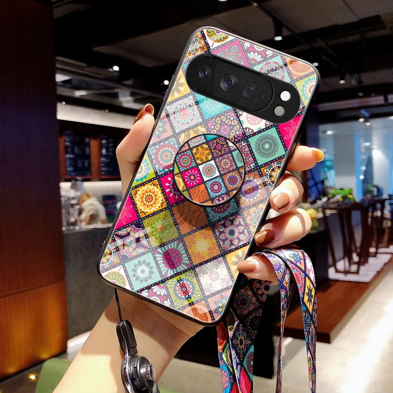 For Google Pixel 10 Pro XL Case Kickstand Ethnic Pattern Tempered Glass Phone Cover with Strap - Color Pattern