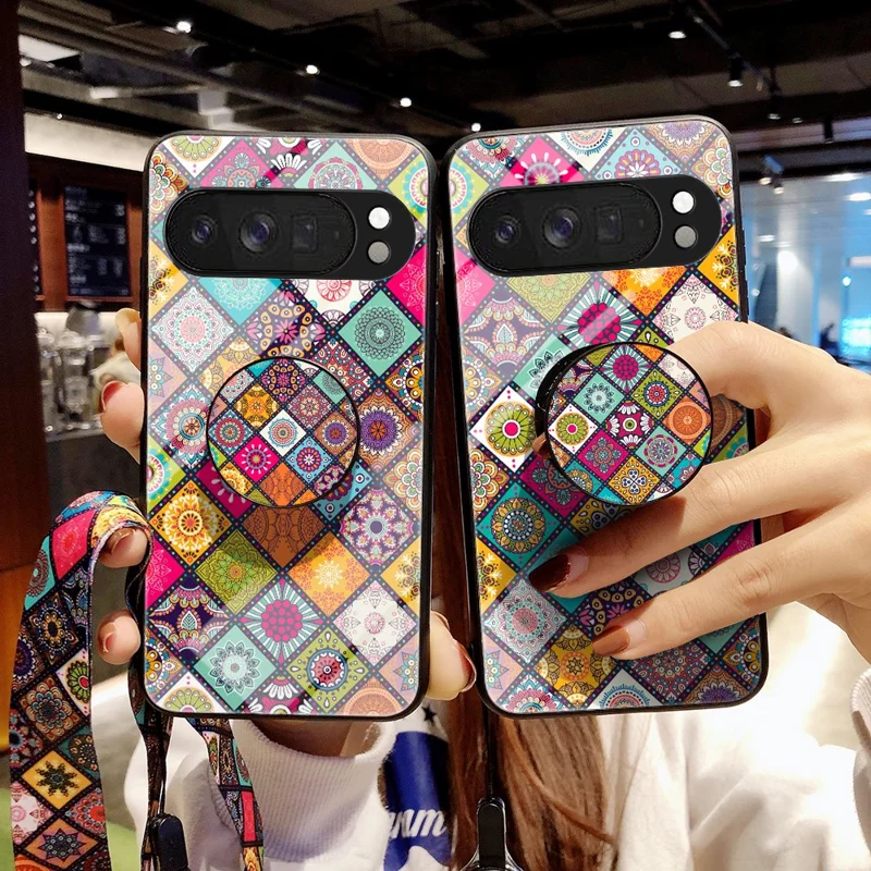 For Google Pixel 10 Pro XL Case Kickstand Ethnic Pattern Tempered Glass Phone Cover with Strap - Color Pattern