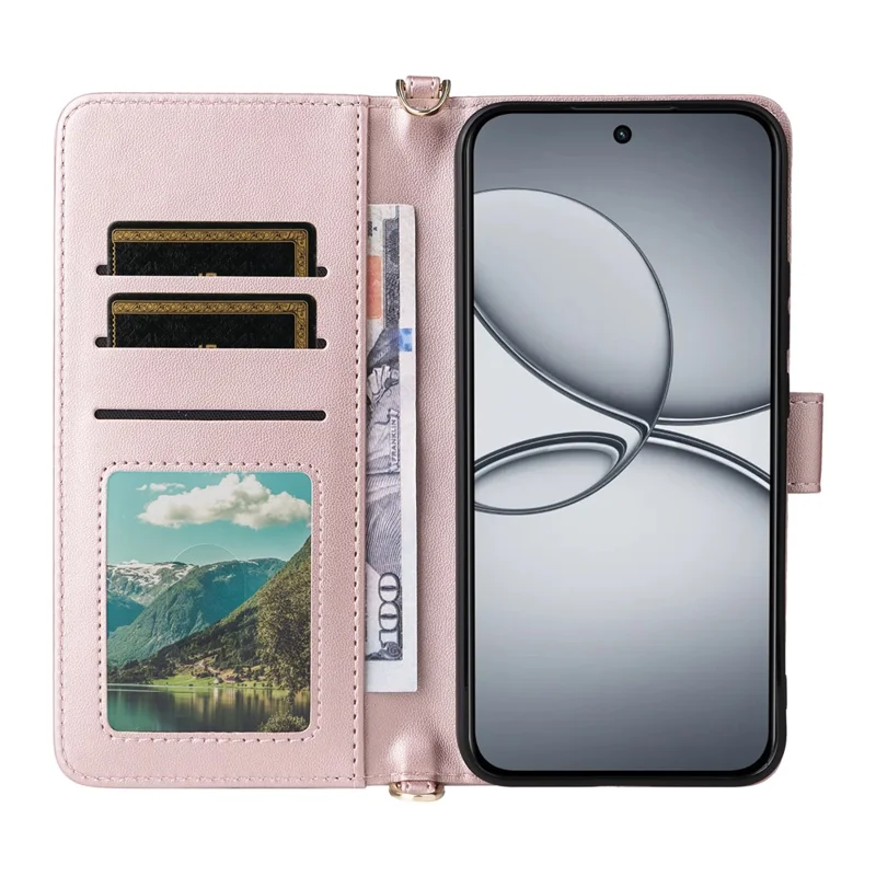 For Realme 15T 5G Case with Shoulder  /  Wrist Strap Leather Phone Cover Stand Wallet - Pink