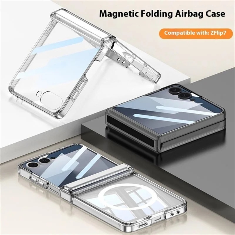 GKK For Samsung Galaxy Z Flip7 5G Case Compatible with MagSafe Airbag Hard PC Phone Cover with Tempered Glass Film - Transparent