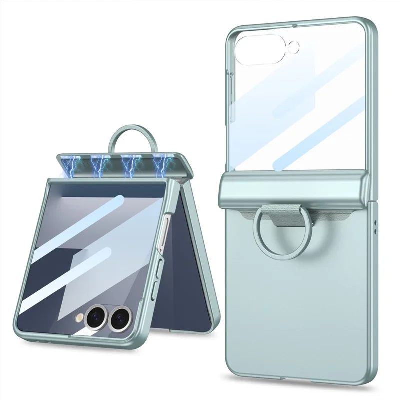 GKK For Samsung Galaxy Z Flip7 5G Case Magnetic Hinge Hard PC Phone Cover with Ring Holder / Tempered Glass Film - Green