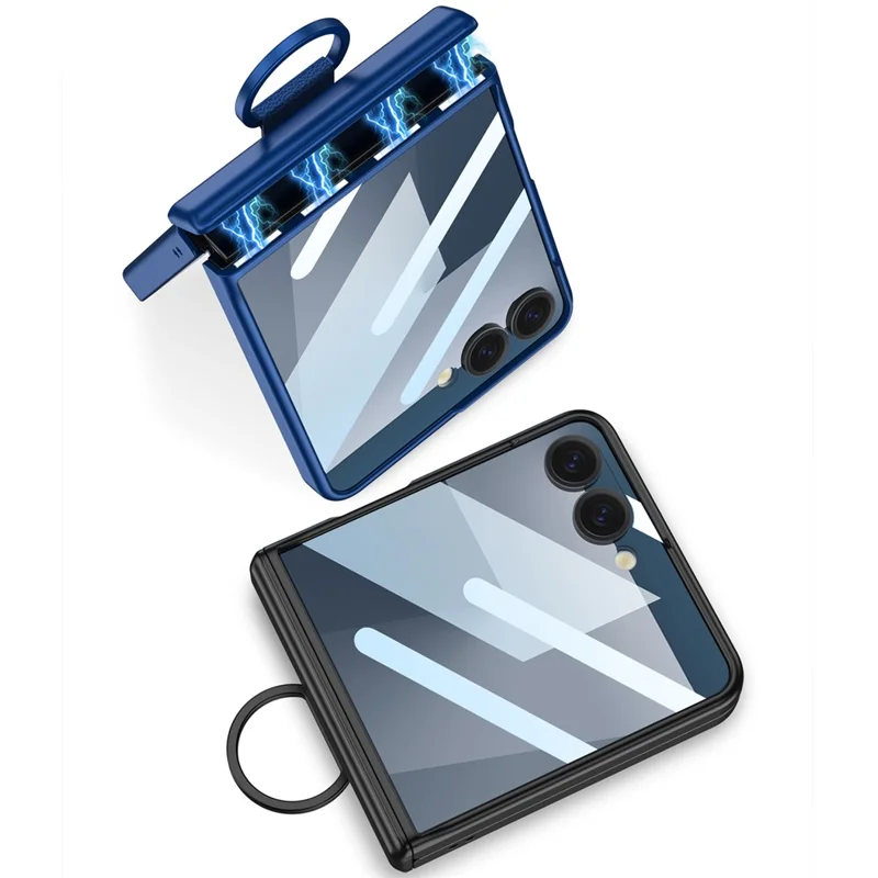 GKK For Samsung Galaxy Z Flip7 5G Case Magnetic Hinge Hard PC Phone Cover with Ring Holder / Tempered Glass Film - Green