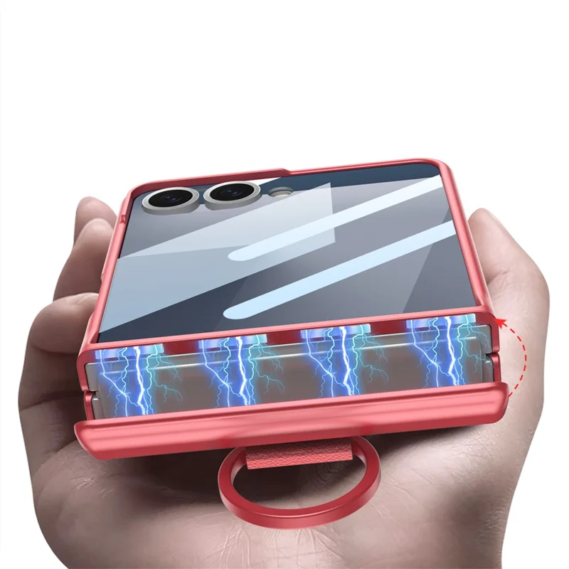 GKK For Samsung Galaxy Z Flip7 5G Case Magnetic Hinge Hard PC Phone Cover with Ring Holder / Tempered Glass Film - Green