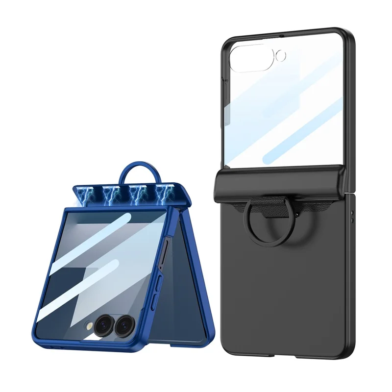 GKK For Samsung Galaxy Z Flip7 5G Case Magnetic Hinge Hard PC Phone Cover with Ring Holder / Tempered Glass Film - Green