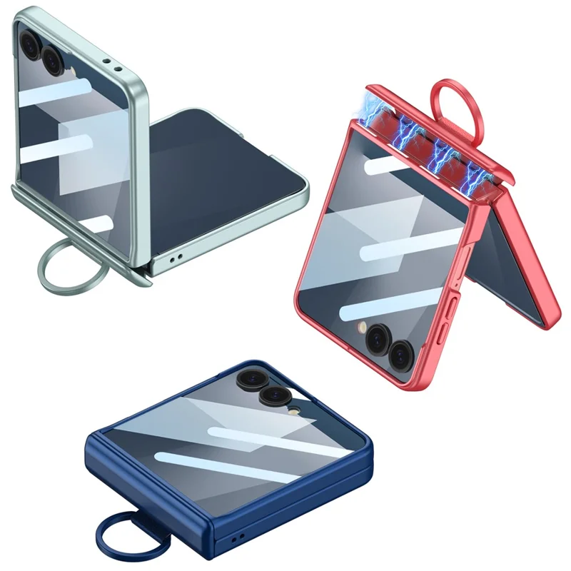GKK For Samsung Galaxy Z Flip7 5G Case Magnetic Hinge Hard PC Phone Cover with Ring Holder / Tempered Glass Film - Green