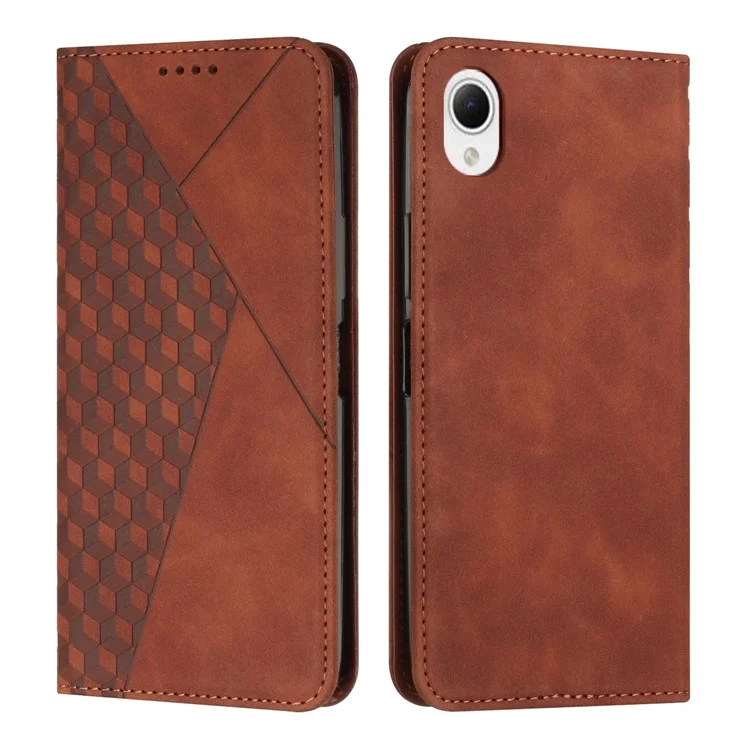 Para Samsung Galaxy A23e / A23s Impresso Rhombus Padrão PU PU Catagem Casa de Catura da Capa de Absorção Magnética Tampa de Telefone Protetora da Pele - Castanho