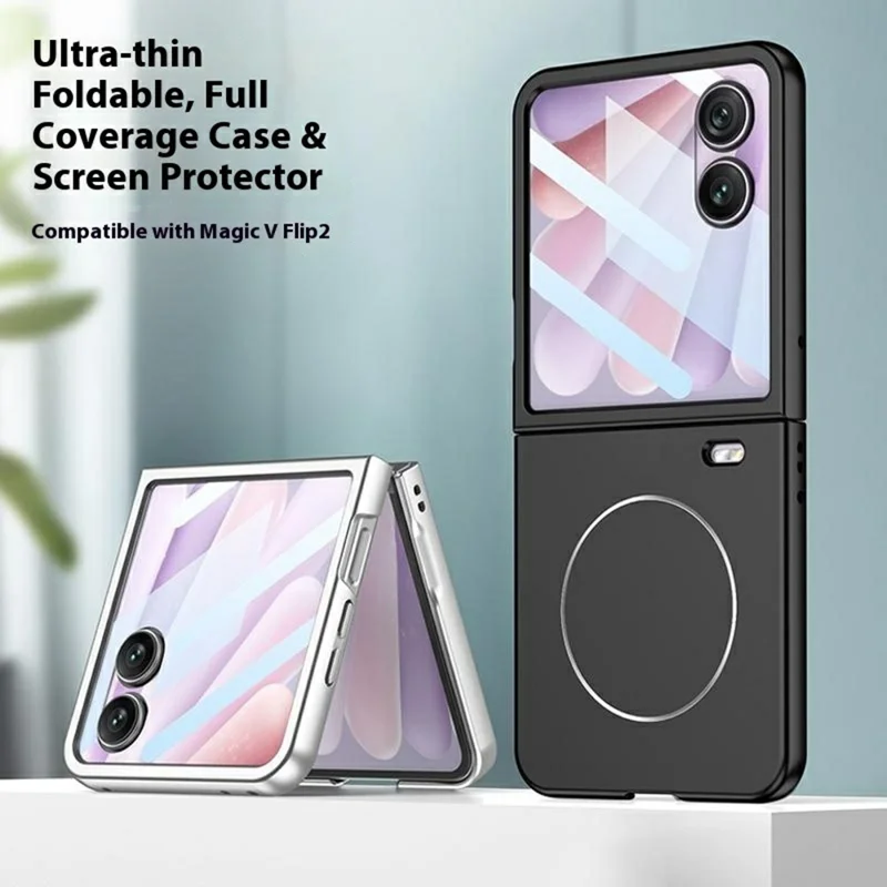 GKK For Honor Magic V Flip 2 Magnetic Case Ultra Thin PC Phone Cover with HD Front Tempered Glass Film - Black