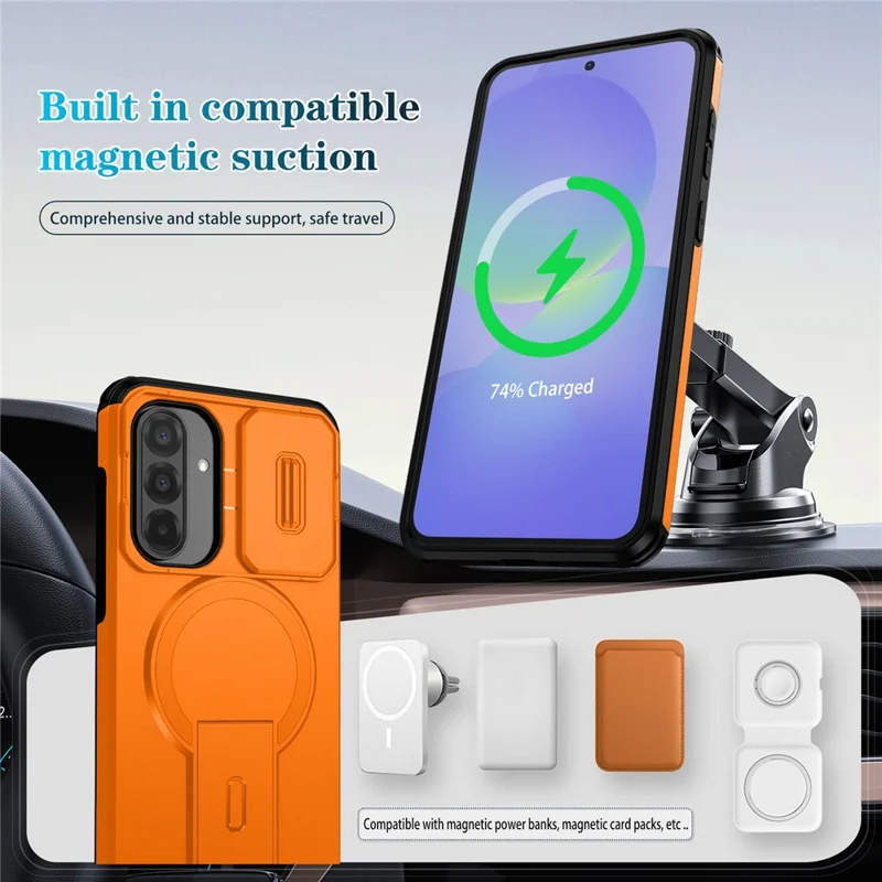 For Samsung Galaxy A37 5G / A56 5G / A36 5G Case Kickstand Camera Slider PC + TPU Phone Cover Magnetic Case - Orange