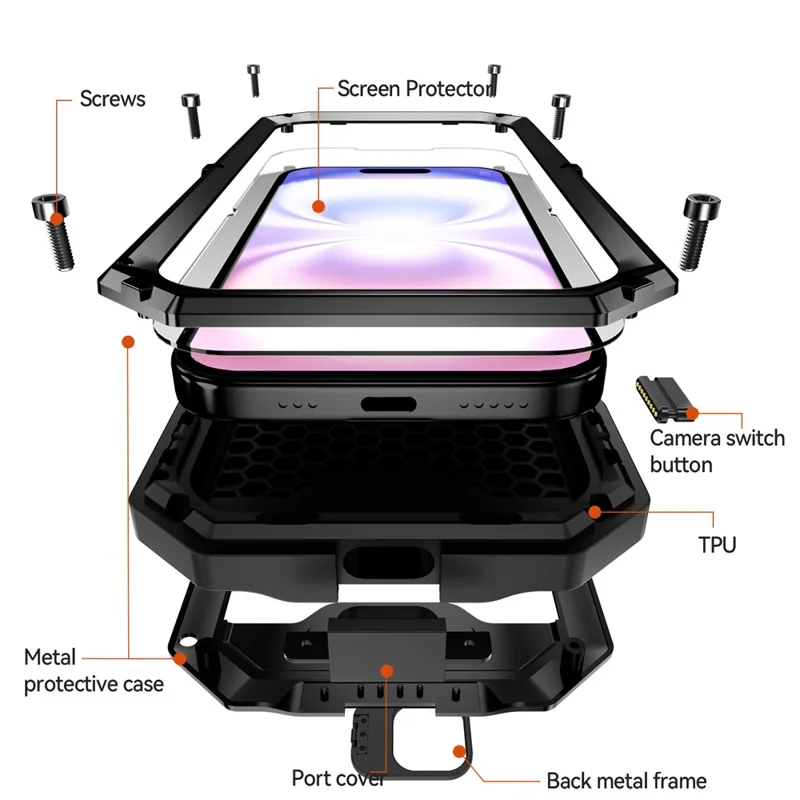 R-JUST For iPhone 17 Case PC + Silicone + Metal Back Cover with Tempered Glass Film - Black