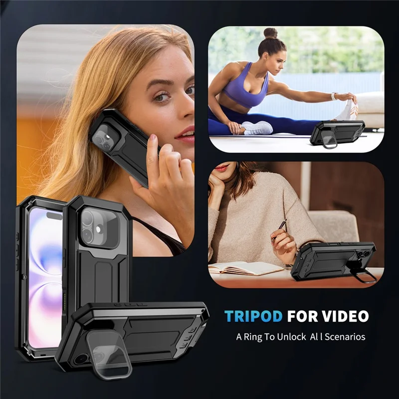 R-JUST For iPhone 17 Case PC + Silicone + Metal Back Cover with Tempered Glass Film - Black