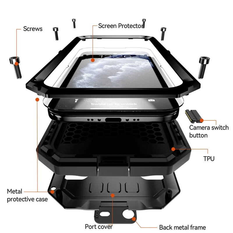 R-JUST For iPhone Air Case PC + Silicone + Metal Back Cover with Tempered Glass Film - Black