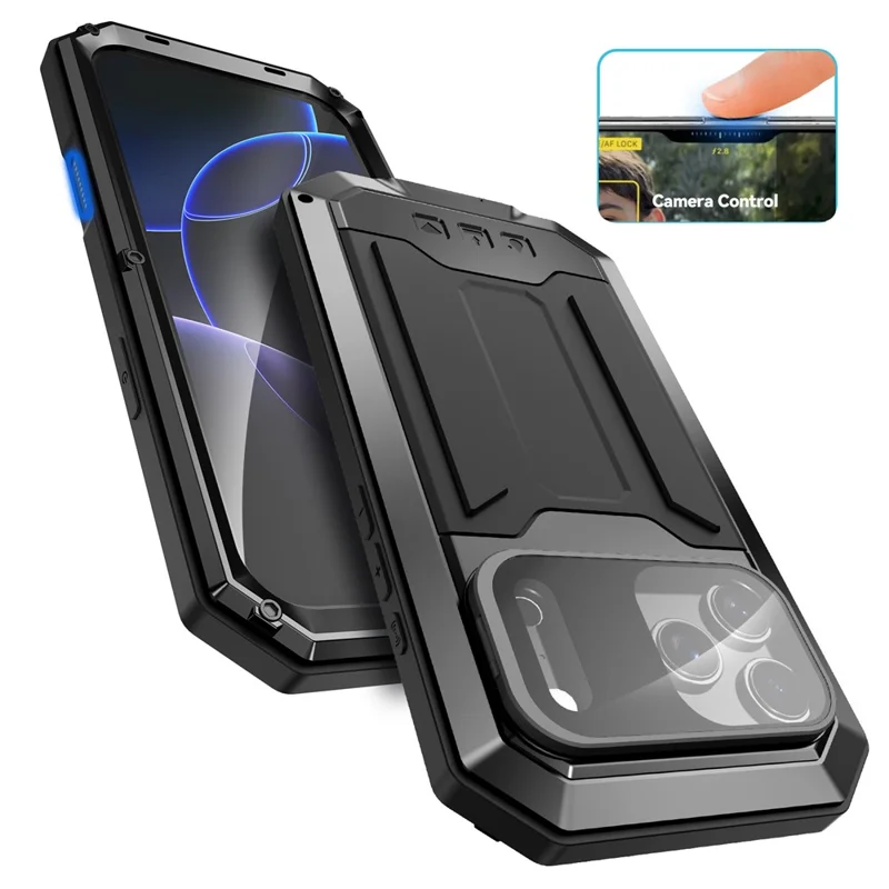 R-JUST For iPhone 17 Pro Max Case PC + Silicone + Metal Back Cover with Tempered Glass Film - Black