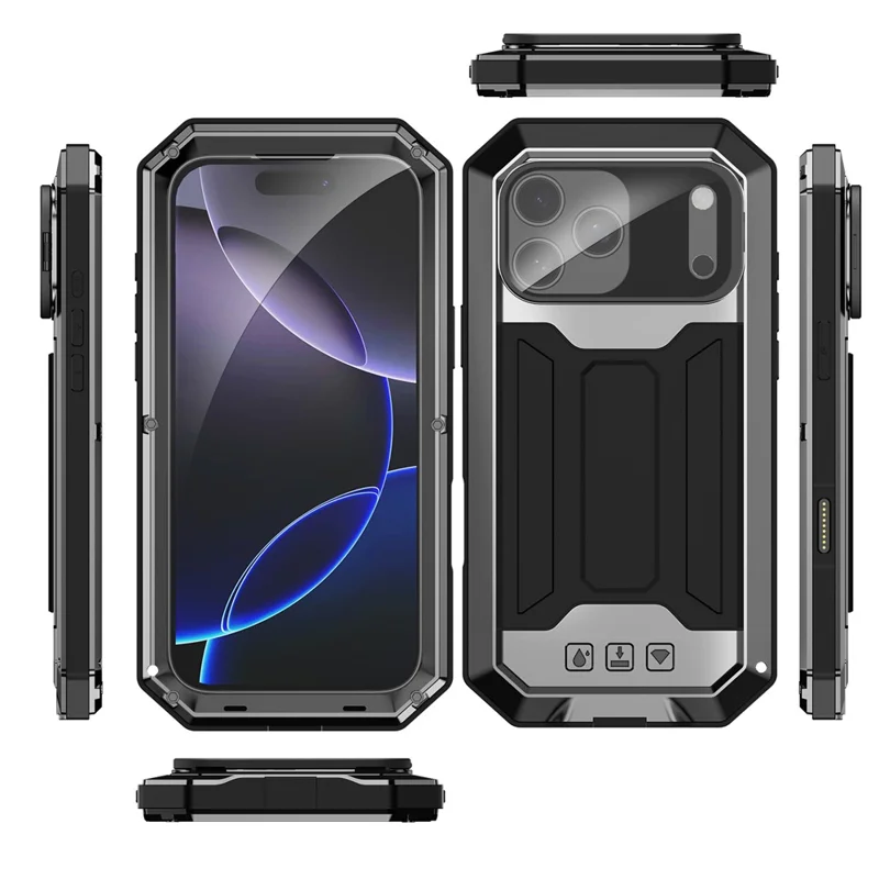 R-JUST For iPhone 17 Pro Max Case PC + Silicone + Metal Back Cover with Tempered Glass Film - Black