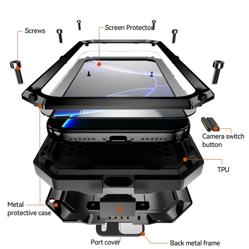 R-JUST For iPhone 17 Pro Max Case PC + Silicone + Metal Back Cover with Tempered Glass Film - Black