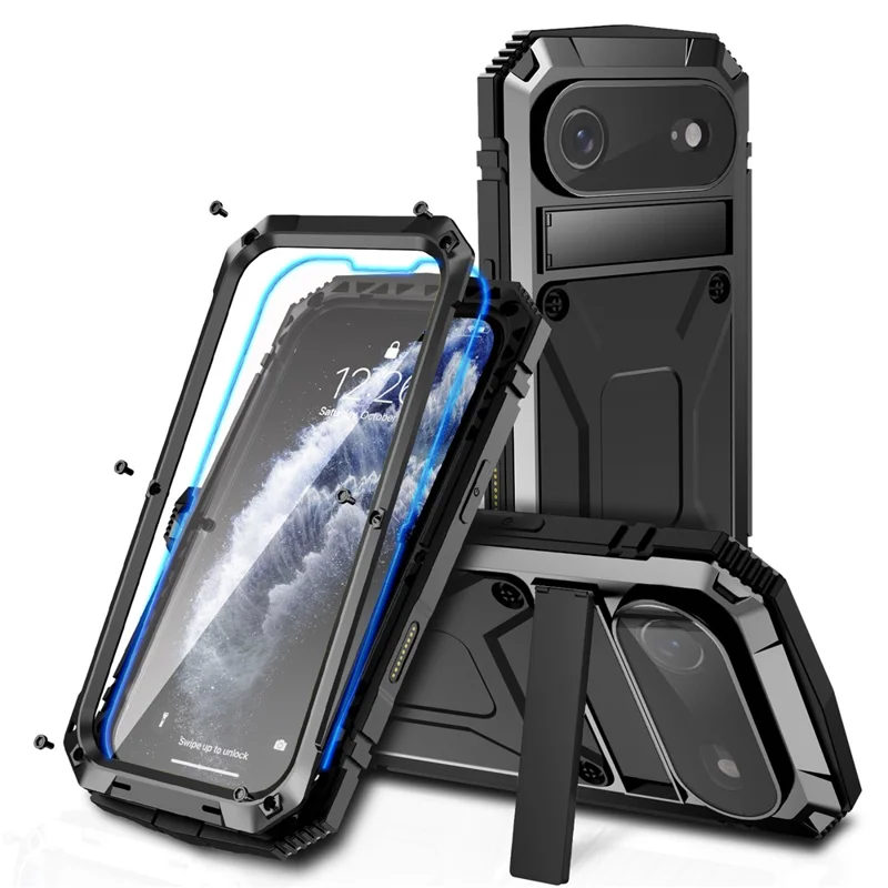 R-JUST For iPhone Air Case PC + Silicone + Metal Kickstand Phone Cover with Tempered Glass Film - Black