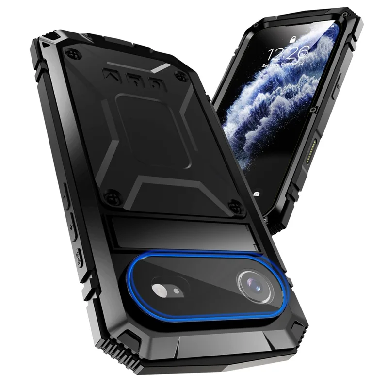 R-JUST For iPhone Air Case PC + Silicone + Metal Kickstand Phone Cover with Tempered Glass Film - Black