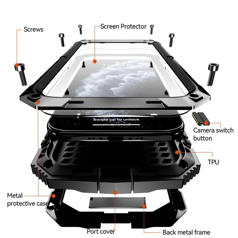 R-JUST For iPhone Air Case PC + Silicone + Metal Kickstand Phone Cover with Tempered Glass Film - Black