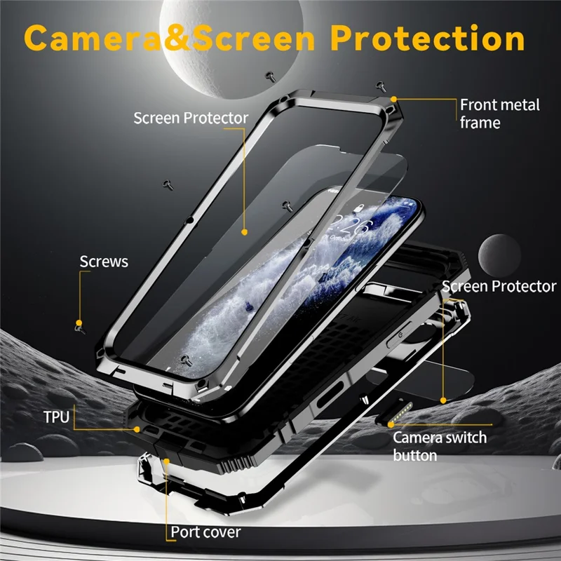 R-JUST For iPhone Air Case PC + Silicone + Metal Kickstand Phone Cover with Tempered Glass Film - Black