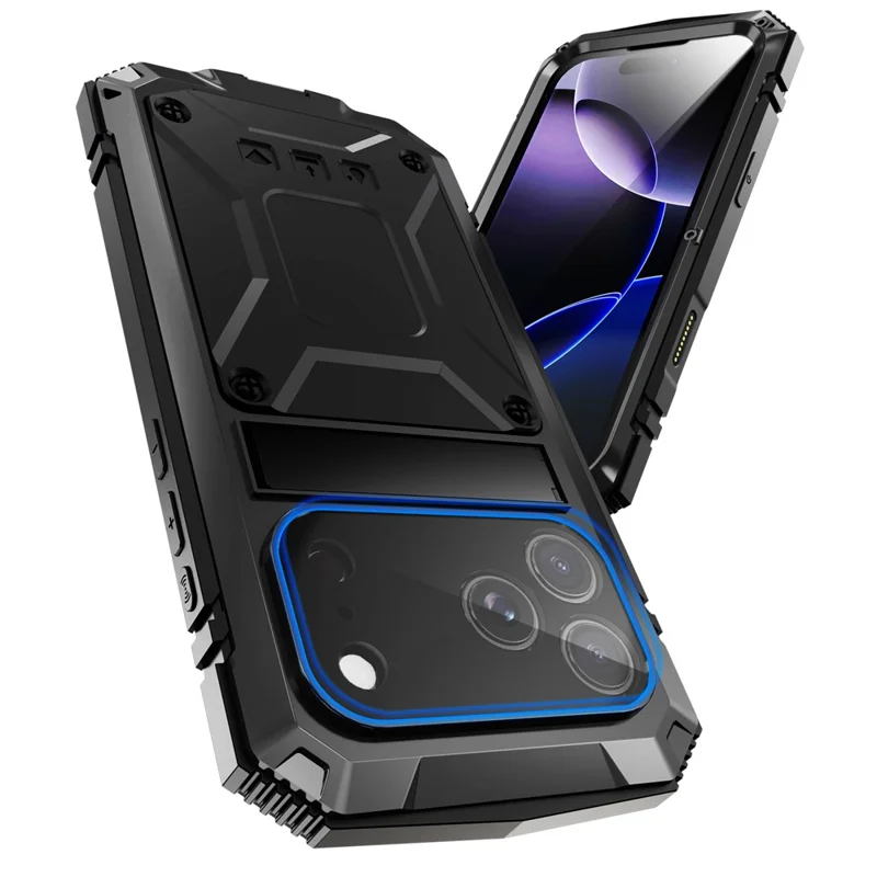 R-JUST For iPhone 17 Pro Case PC + Silicone + Metal Kickstand Phone Cover with Tempered Glass Film - Black
