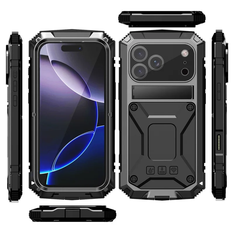 R-JUST For iPhone 17 Pro Case PC + Silicone + Metal Kickstand Phone Cover with Tempered Glass Film - Black