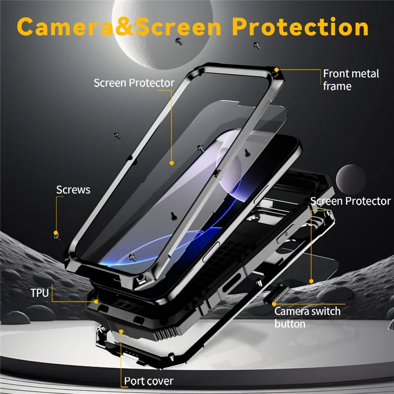 R-JUST For iPhone 17 Pro Case PC + Silicone + Metal Kickstand Phone Cover with Tempered Glass Film - Black