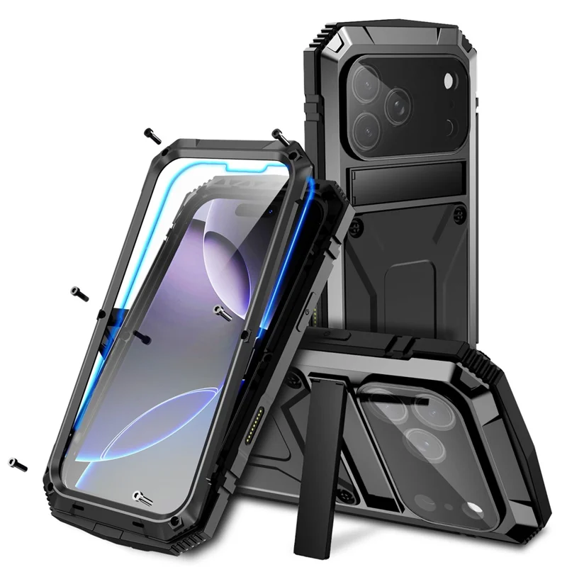 R-JUST For iPhone 17 Pro Max Case PC + Silicone + Metal Kickstand Phone Cover with Tempered Glass Film - Black