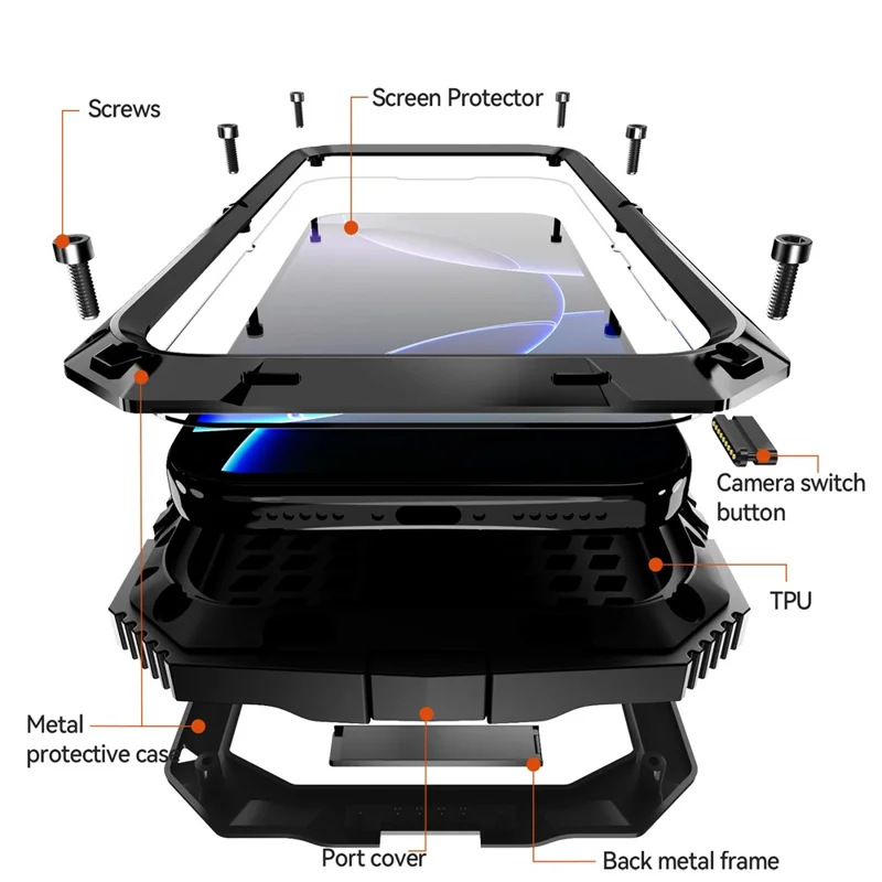 R-JUST For iPhone 17 Pro Max Case PC + Silicone + Metal Kickstand Phone Cover with Tempered Glass Film - Black