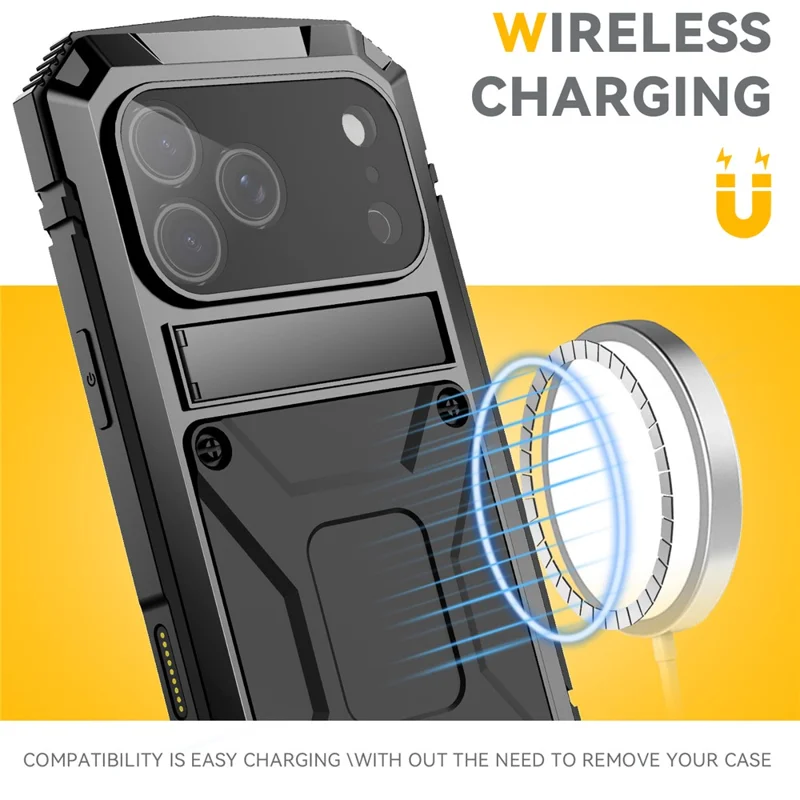 R-JUST For iPhone 17 Pro Max Case PC + Silicone + Metal Kickstand Phone Cover with Tempered Glass Film - Black