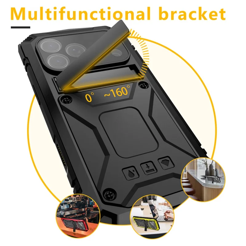 R-JUST For iPhone 17 Pro Max Case PC + Silicone + Metal Kickstand Phone Cover with Tempered Glass Film - Black