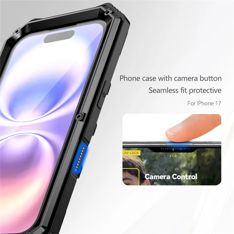R-JUST For iPhone 17 Case PC + Silicone + Metal Kickstand Phone Cover with Tempered Glass Film - Black