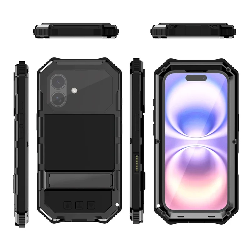 R-JUST For iPhone 17 Case PC + Silicone + Metal Kickstand Phone Cover with Tempered Glass Film - Black