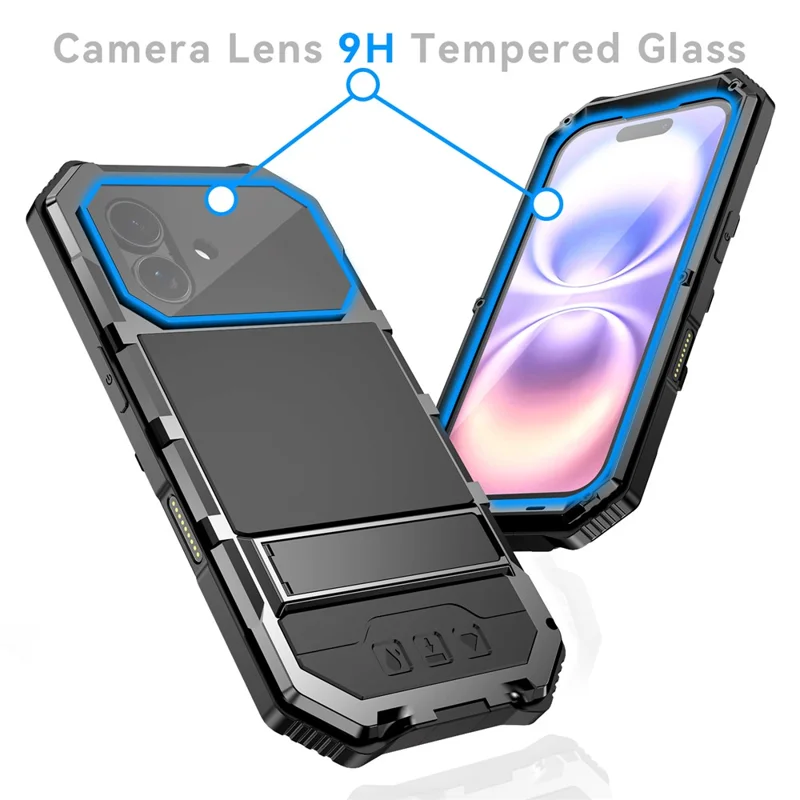 R-JUST For iPhone 17 Case PC + Silicone + Metal Kickstand Phone Cover with Tempered Glass Film - Black