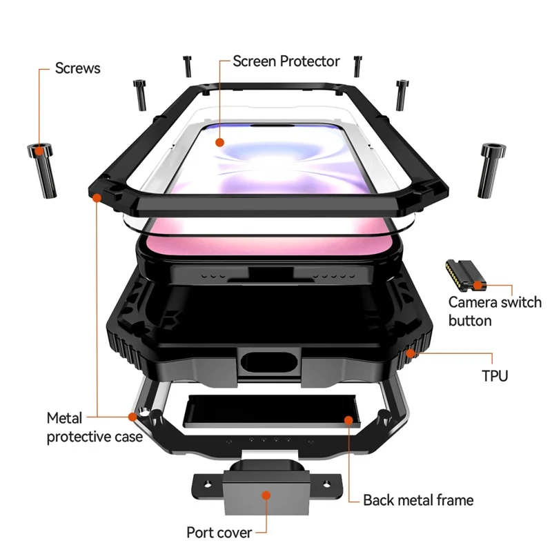 R-JUST For iPhone 17 Case PC + Silicone + Metal Kickstand Phone Cover with Tempered Glass Film - Black