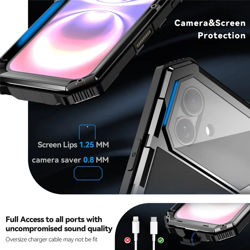 R-JUST For iPhone 17 Case PC + Silicone + Metal Kickstand Phone Cover with Tempered Glass Film - Black