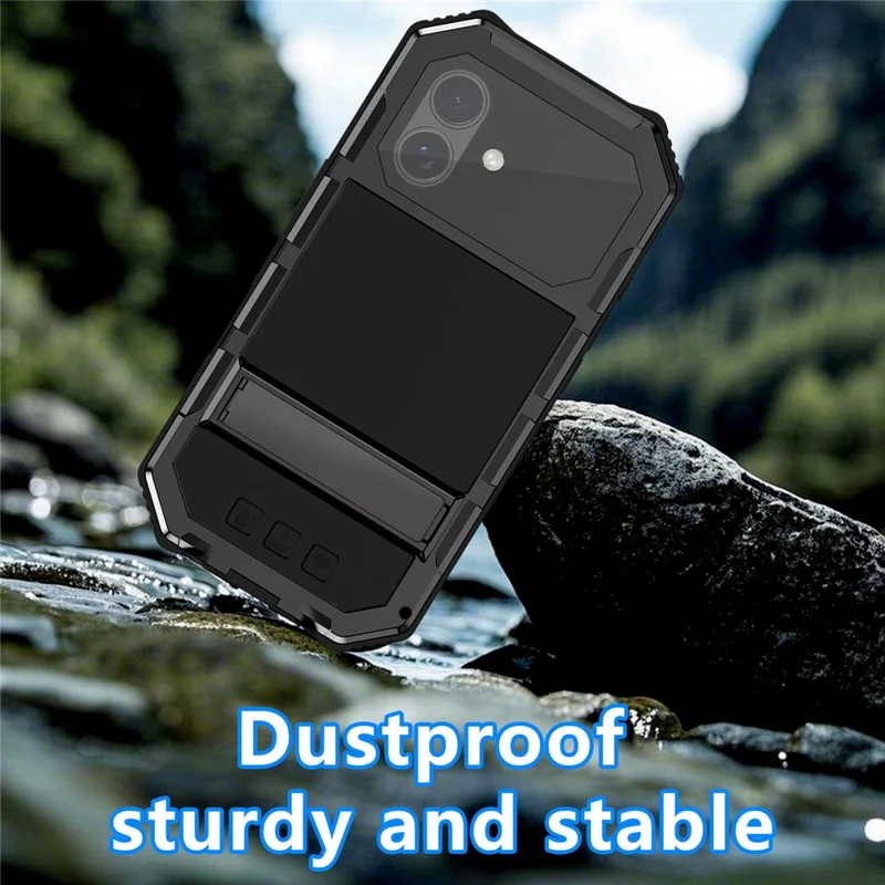 R-JUST For iPhone 17 Case PC + Silicone + Metal Kickstand Phone Cover with Tempered Glass Film - Black