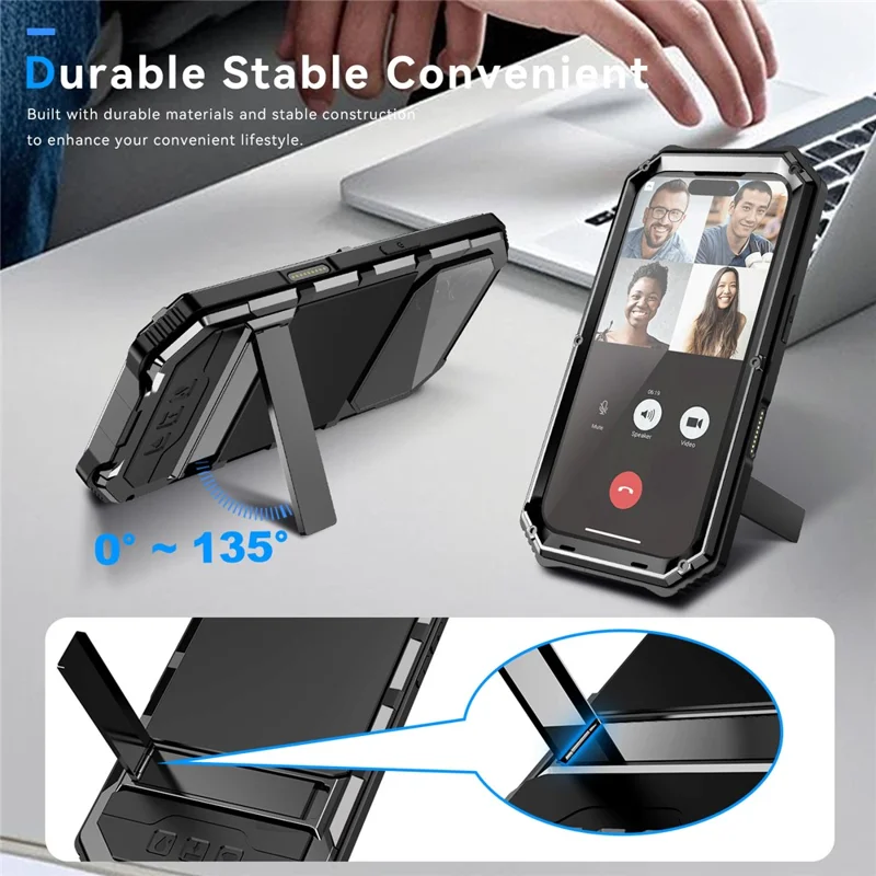 R-JUST For iPhone 17 Case PC + Silicone + Metal Kickstand Phone Cover with Tempered Glass Film - Black