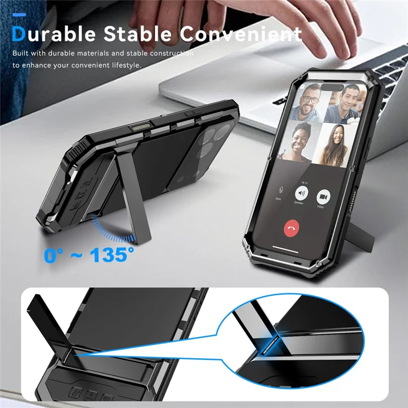 R-JUST For iPhone 17 Pro Case PC + Silicone + Metal Kickstand Phone Cover with Tempered Glass Film - Black