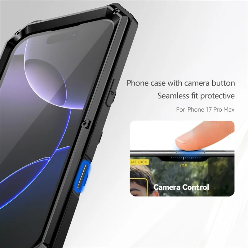 R-JUST For iPhone 17 Pro Max Case PC + Silicone + Metal Kickstand Phone Cover with Tempered Glass Film - Black
