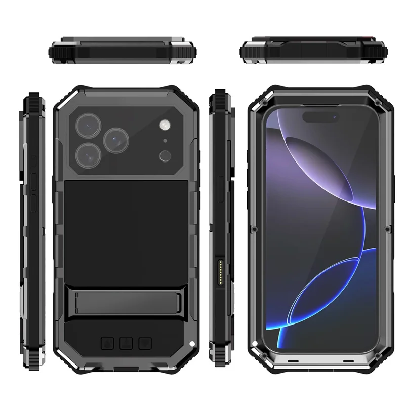 R-JUST For iPhone 17 Pro Max Case PC + Silicone + Metal Kickstand Phone Cover with Tempered Glass Film - Black