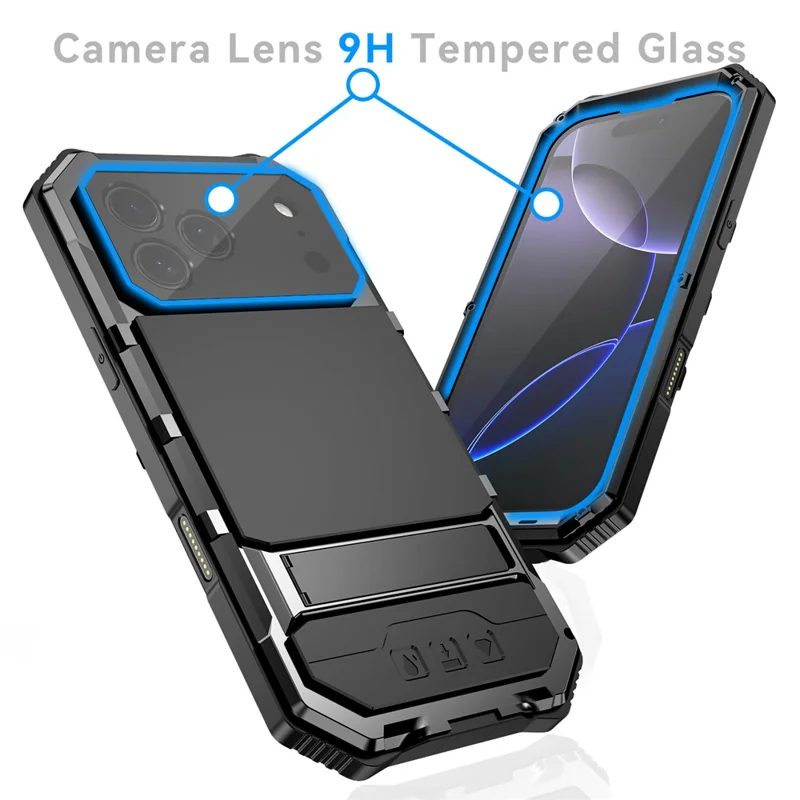 R-JUST For iPhone 17 Pro Max Case PC + Silicone + Metal Kickstand Phone Cover with Tempered Glass Film - Black