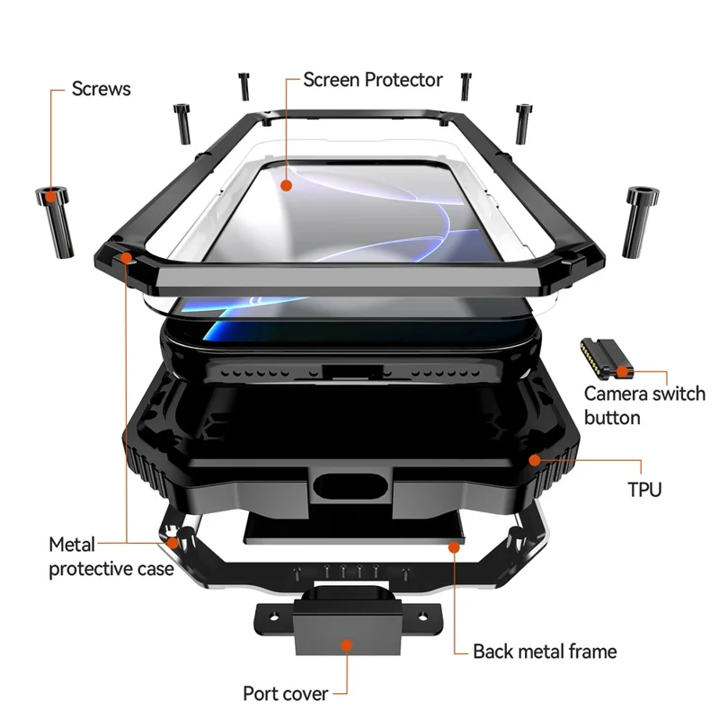 R-JUST For iPhone 17 Pro Max Case PC + Silicone + Metal Kickstand Phone Cover with Tempered Glass Film - Black
