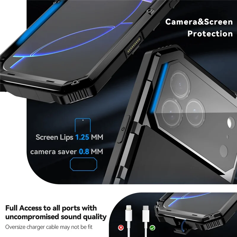 R-JUST For iPhone 17 Pro Max Case PC + Silicone + Metal Kickstand Phone Cover with Tempered Glass Film - Black